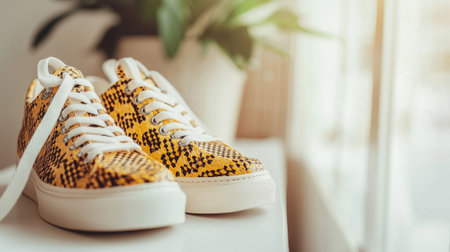 Side profile of casual sneakers with a snake print design on a sunny windowsill with indoor plant background. concept of stylish footwear, modern fashion, unique pattern.の写真素材