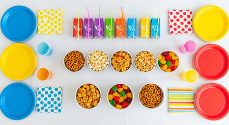 Brightly colored party supplies arranged for a birthday celebration. Overhead view of snacks,...