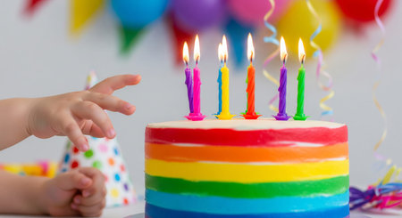 Child hand reaching for a colorful rainbow birthday cake with lit candles. Celebration concept for...