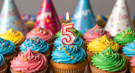 Colorful birthday cupcakes with a burning number 5 candle. Festive dessert for a child five year old...