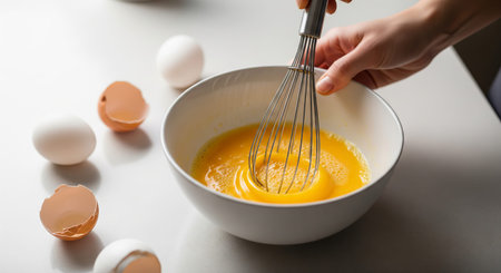 Woman whisking eggs in a white bowl with a metal whisk. Cooking and baking preparation, home...