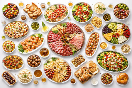 An overhead view of a large party spread featuring antipasto, salads, and more dishes. Food display for celebration.の写真素材