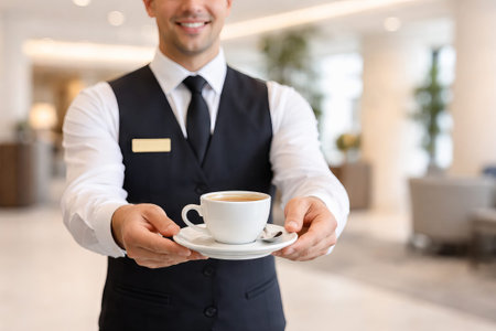 Caucasian man waiter holding coffee cup. Hospitality and service. Beverage delivery for hotel, cafe....