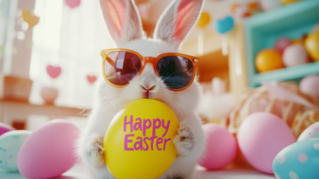 Cute rabbit in sunglasses holding a bright yellow egg with the text happy easter surrounded by...