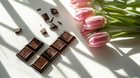 A delicate arrangement of pink tulips next to chocolate on white surface in sunlight. concept of floral beauty, sweet indulgence, elegant composition.の写真素材