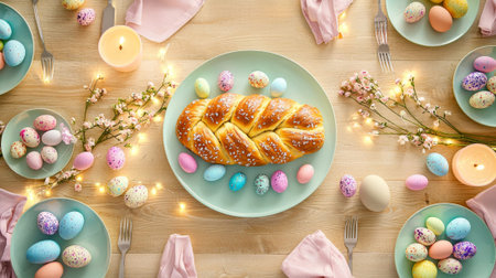 Traditional easter dining table with braided bread and colorful eggs surrounded by spring flowers...