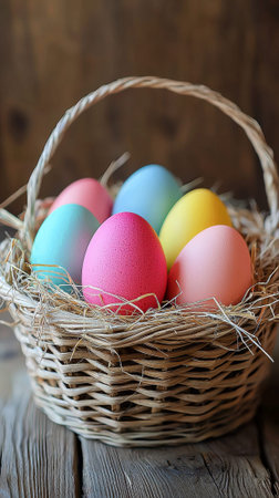 Brightly colored easter eggs arranged neatly in a woven basket for holiday celebration. concept of...