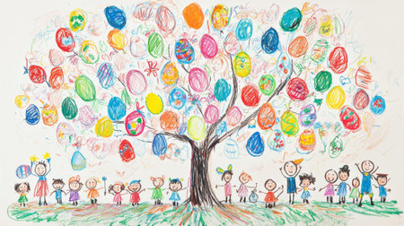 Childlike drawing of a big easter egg tree with colorful eggs and happy children playing. concept of...