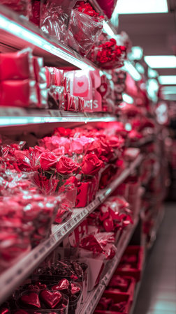 Close up of a section of a store aisle filled with vibrant red valentine's day gifts and flowers....