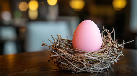 Close up of a single pink easter egg resting in a woven nest on a wooden table background. concept...