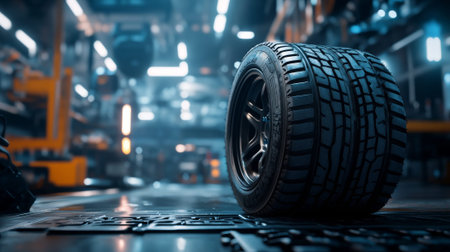Close-up of car tire in mechanic workshop for auto repair and maintenance with industrial equipment...