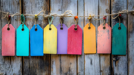 Colorful luggage tags hanging on rustic wooden background for travel organization concept of vibrant accessories decorative items vacation preparation.の写真素材