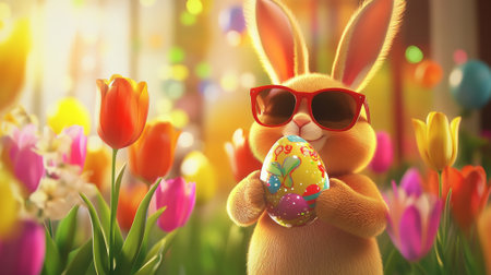 Easter celebration 3d illustration of a happy bunny wearing sunglasses holding a colorful egg among...