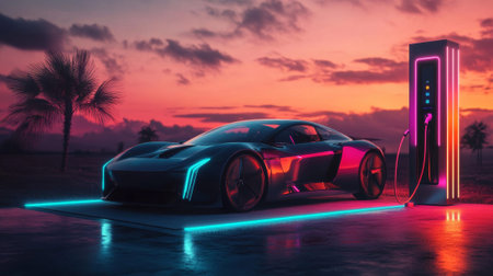 Modern electric vehicle charging at sunset featuring a futuristic car and charging station. concept...