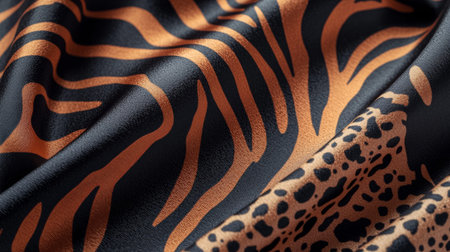 Macro shot of soft fabric with abstract zebra and leopard patterns featuring textured orange and...
