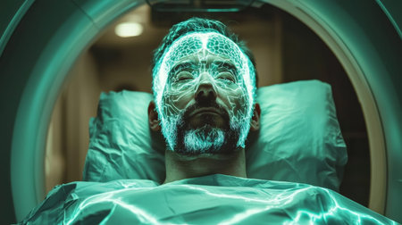 Patient in a medical gown lying inside an mri scanner with virtual brain overlay highlighting neural activity. concept of medical technology, brain imaging, healthcare advancement.の写真素材