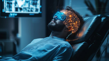 Patient in mri scanner with glowing holographic brain displaying neural activity for medical imaging...