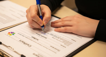 Close-up of hands signing a pet adoption form during a pet adoption event at a community center....