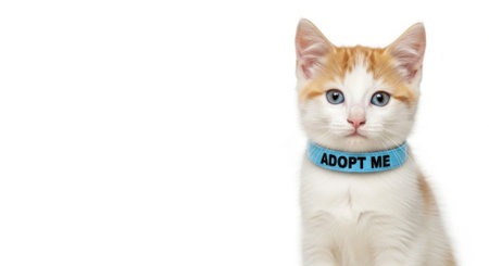 Cute orange and white kitten wearing a blue adopt me collar against a white background. concept of...