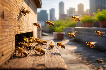 Urban beekeeping with bees entering hive on rooftop with city skyline in background during sunny...
