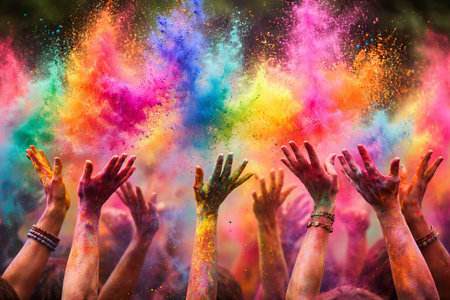 Group of people raising colorful powder covered hands during Holi festival celebration. Culture fun and spirituality for holiday event.の写真素材