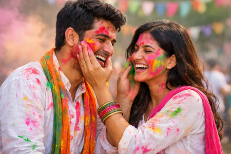 Couple celebrating Holi festival. Man and woman having fun with colorful powder. Indian spring tradition and cultural celebration.の写真素材