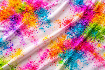 Vibrant Holi color powder explosion on white fabric. Dynamic festival background with gulal dust. Indian spring fiesta celebration concept.の写真素材
