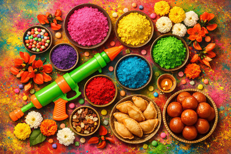 Vibrant Holi festival celebration with colorful gulal powder bowls, sweets, and a pichkari. Indian spring holiday concept, traditional top view.の写真素材