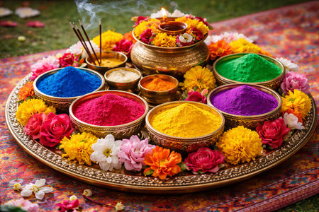Traditional Indian thali with colorful holi powder, incense, and a lit diya. Festival of colors celebration decor for Holi.の写真素材