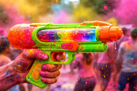 Man holding a water gun filled with colorful liquid. Celebrating the Holi festival with playful joy. Festive mood.の写真素材