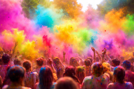 Crowd of people celebrating with colorful powder. Festival of colors. Holi celebration, Hindu spring...