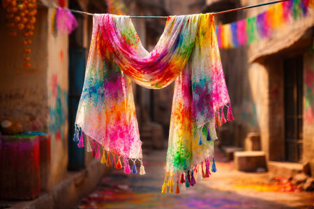 Colorful Holi festival scarf with powder paint splashes. Traditional Indian celebration of colors. Vibrant background for event.の写真素材
