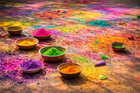 Colorful bowls of powdered gulal on a vibrant ground after a Holi festival celebration. Indian spring festival of colors.の写真素材