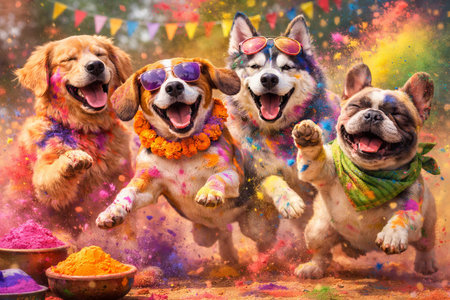 Group of happy dogs with colorful powder celebrating Holi festival. Joyful pets enjoying playing with gulal, vibrant spring holiday concept.の写真素材