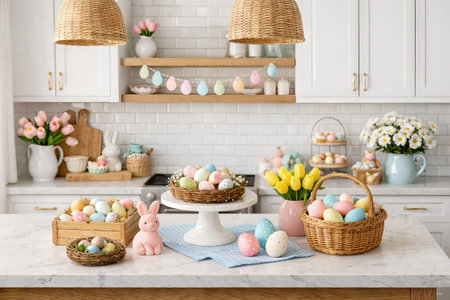 Charming easter kitchen decor featuring pastel-colored eggs and floral arrangements for a festive spring celebration. concept of holiday spirit, seasonal decoration, home aesthetics.の写真素材