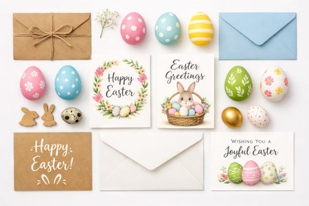 Easter greeting card collection with decorated eggs and bunny illustration on festive envelopes....