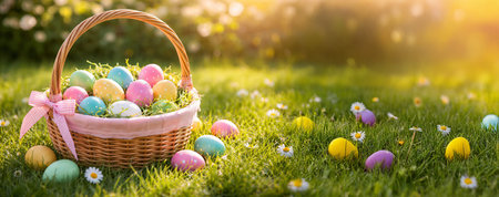 Colorful easter eggs basket on green grass with daisies in sunny garden. concept of spring...
