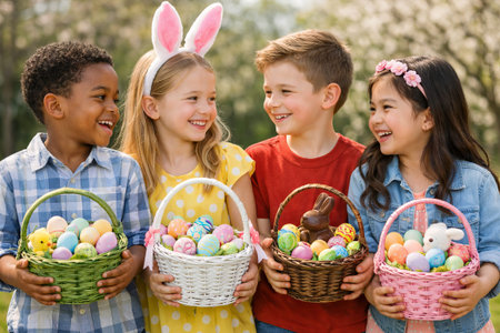 Children of diverse backgrounds smiling and holding easter baskets filled with colorful eggs outdoors. concept of easter joy, cultural celebration, childhood happiness.の写真素材