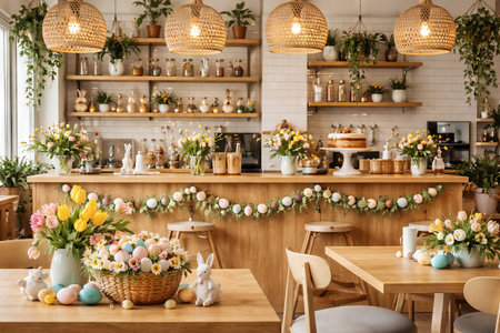 Cozy cafe decorated for easter with floral arrangements and colorful eggs in a basket on wooden tables. concept of festive atmosphere, spring celebration, cheerful decor..の写真素材