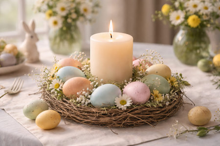 Pastel easter eggs and candle centerpiece on decorated table with flowers. concept of holiday decoration, spring celebration, festive atmosphere.の写真素材