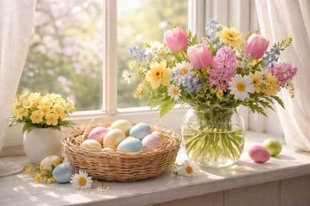 Pastel easter eggs in wicker basket with colorful spring flowers by sunlit window. concept of easter celebration, spring decor, vibrant seasonal arrangement.の写真素材