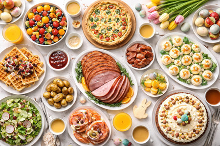 Festive easter brunch spread with colorful eggs, fresh tulips, and various delicious dishes for...