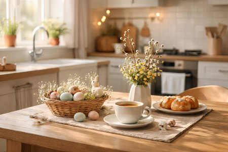 Easter breakfast table with basket of eggs, flowers, and hot cross buns. Spring holiday celebration in cozy kitchen for greeting card.の写真素材