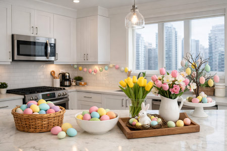 Easter eggs in basket, bowl and on tree in modern kitchen. Spring celebration home decor for...
