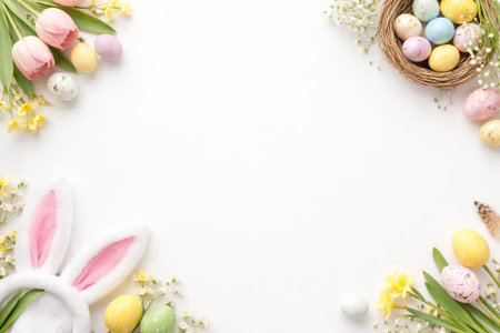 Easter white background with colorful eggs, basket, tulips, daffodils, and bunny ears for Spring...