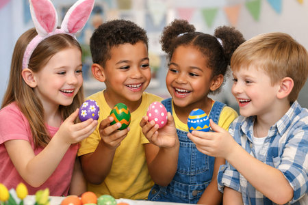 Four happy children holding decorated colorful Easter eggs. Kids celebrating holiday event. Spring...
