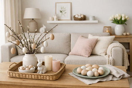 Easter decor on a coffee table in a living room with willow branches decorated with eggs.