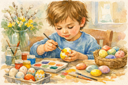 Watercolor painting of young caucasian boy decorating easter eggs at home with brushes and paints....