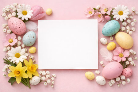 Easter eggs and spring flowers on pink background with blank white card for greeting card design....