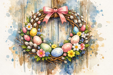 Watercolor easter wreath with colorful eggs and flowers on rustic wood background. concept of spring decor, festive art, easter celebration.の写真素材